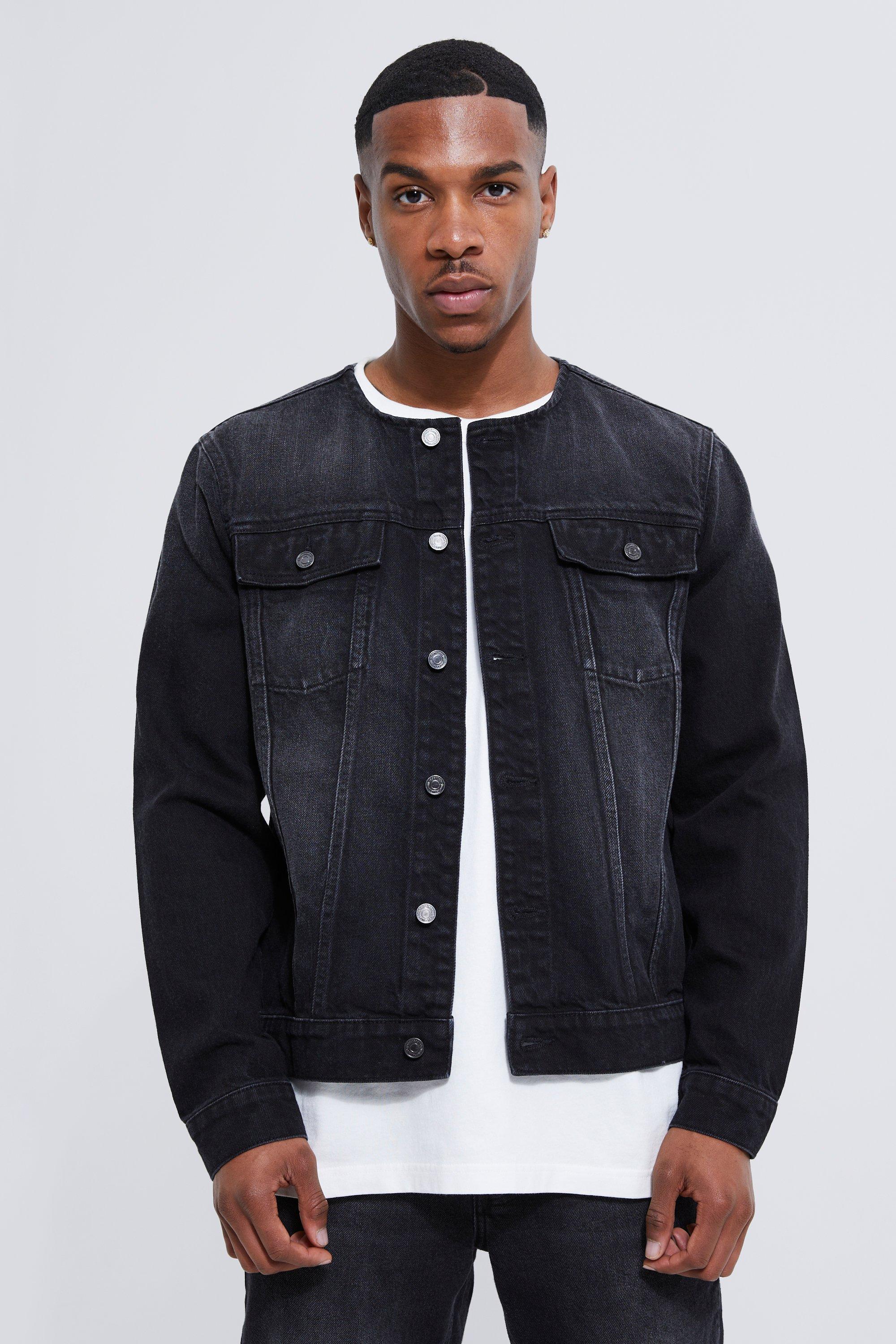 Collarless Denim Jacket boohooMAN UK